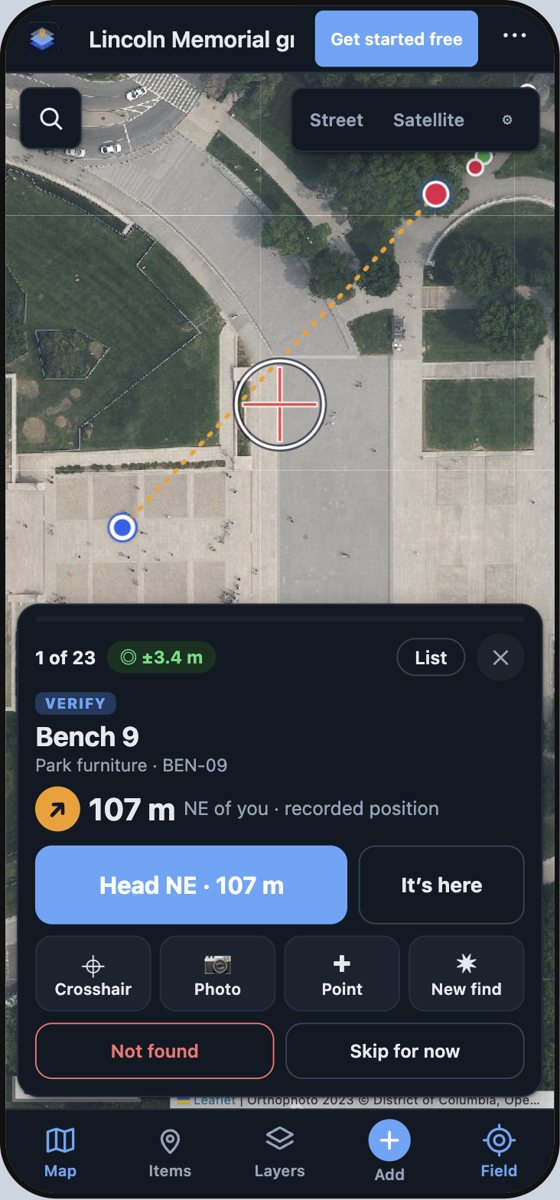 Work list on a phone: Bench 9 is 107 metres north-east of you; the big button says Head NE.